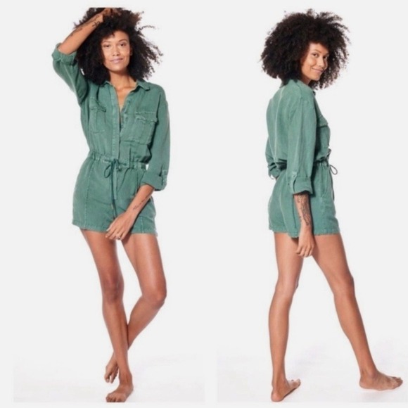 Young Fabulous & Broke Pants - YFB Green Utility Romper With Pockets and Optional Roll Tab Sleeves Size Small